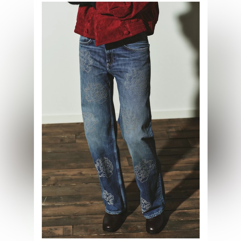 Zara Hi-Waist Floral Embellished Barrel Jeans